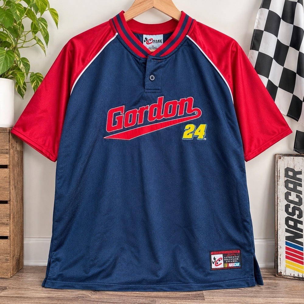 Chase Authentics Jeff Gordon 24 NASCAR Jersey XL Navy Blue Red Henley Mesh Shirt